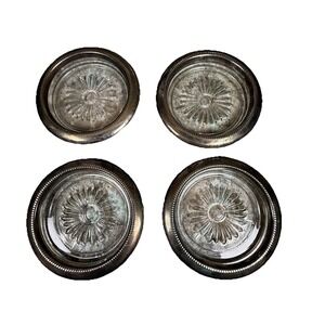 Leonard Silverplate Glass Coasters Set of 4‎ Vintage Star Pattern 3.75 Inches
